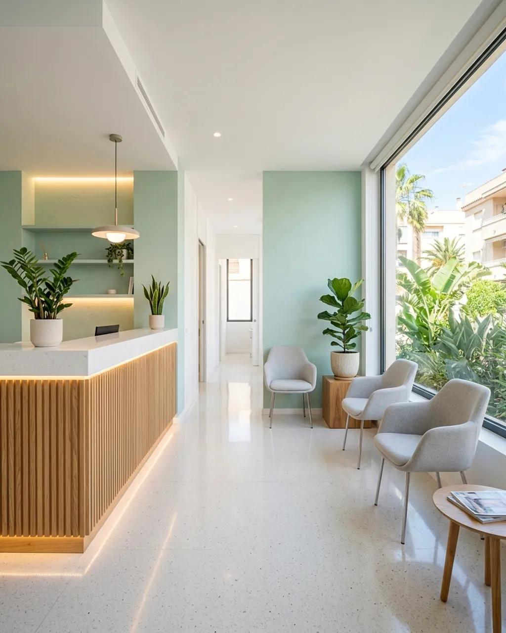 Recepción y sala de espera de la clínica, luminosa y con plantas