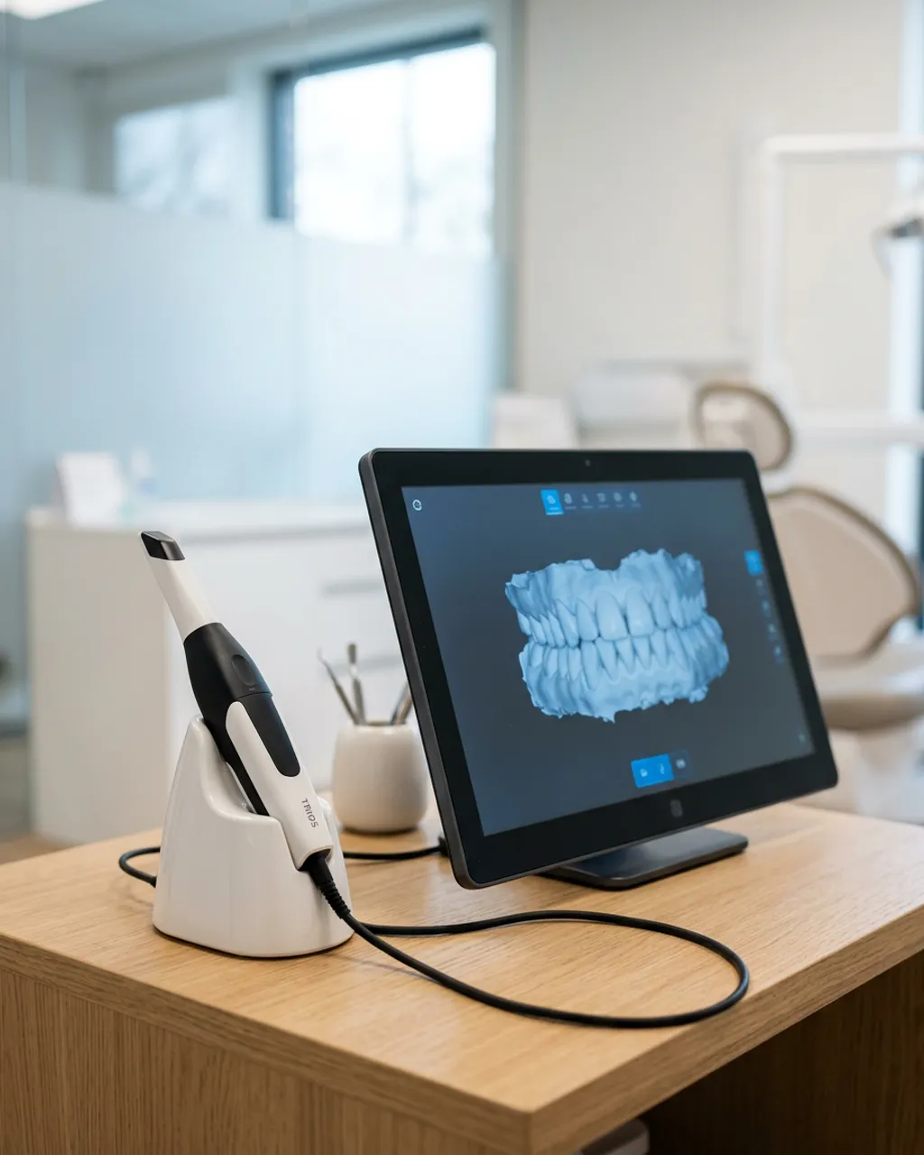 Escáner intraoral 3D y modelo digital de la boca en pantalla