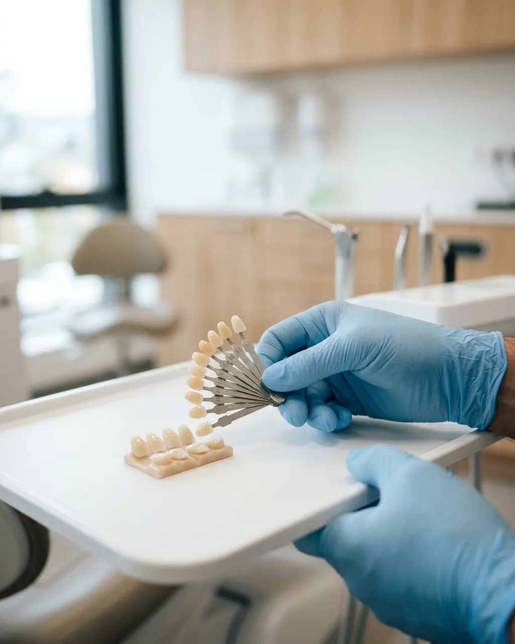 Guía de color y carillas de porcelana en la mano del dentista