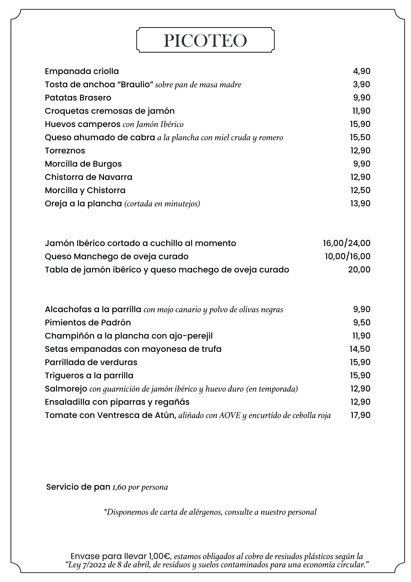 Carta de El Brasero de Rusty, página 1: picoteo, raciones de jamón y queso, verduras, salmorejo y ensaladilla.