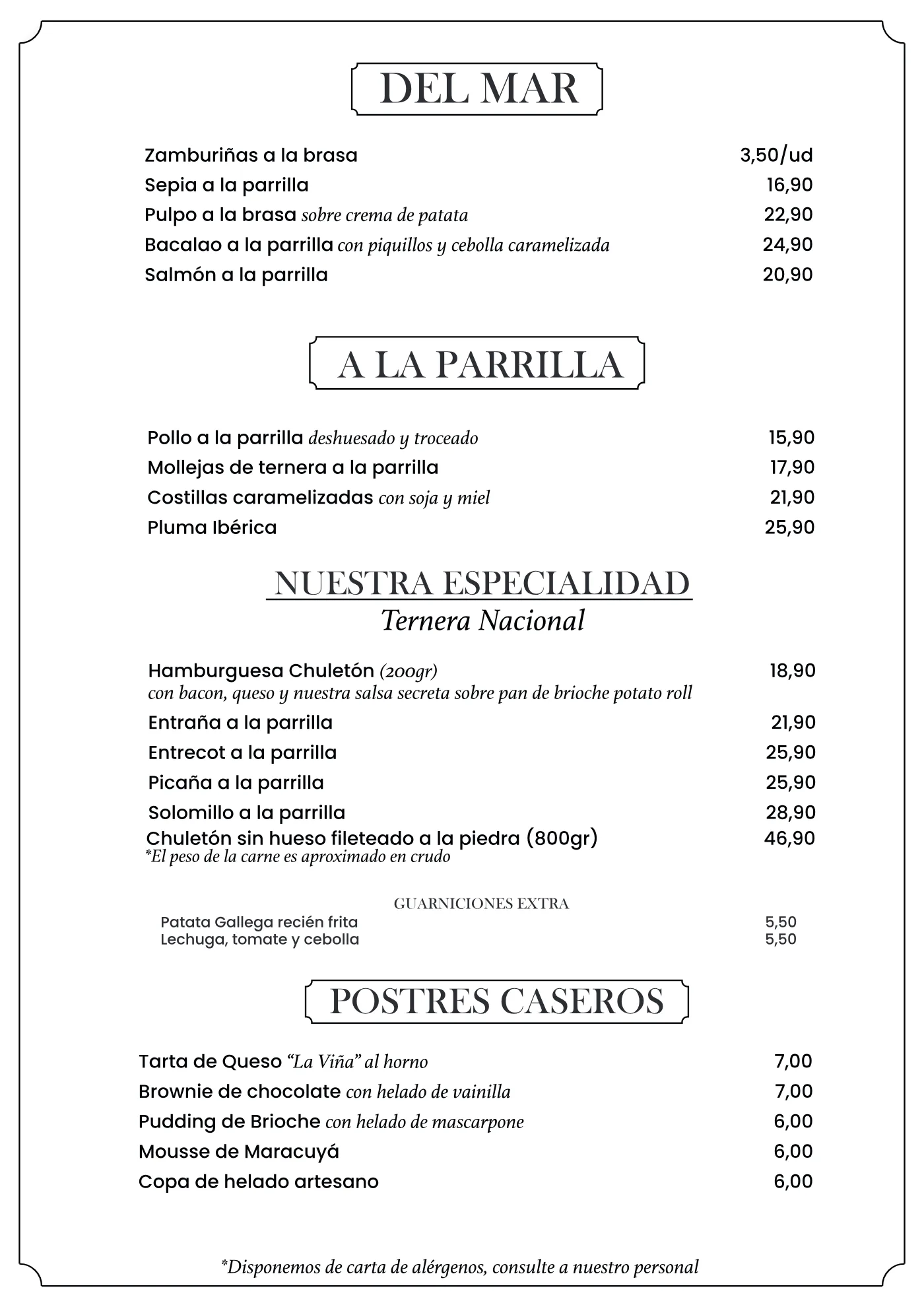 Carta de El Brasero de Rusty, página 2: del mar, a la parrilla, nuestra especialidad de ternera nacional, guarniciones y postres caseros.