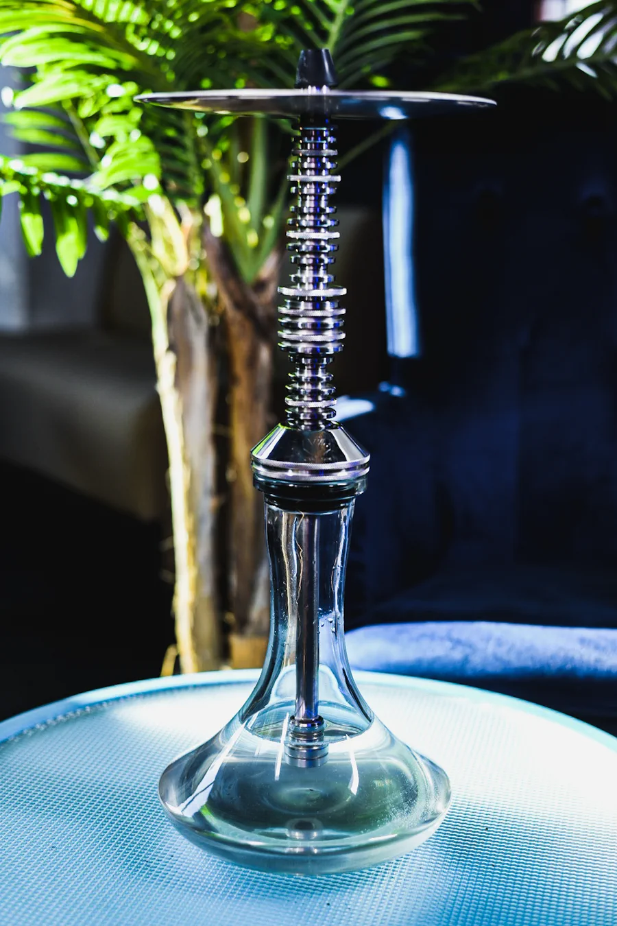 Cachimba de acero con base de cristal transparente junto a una palmera