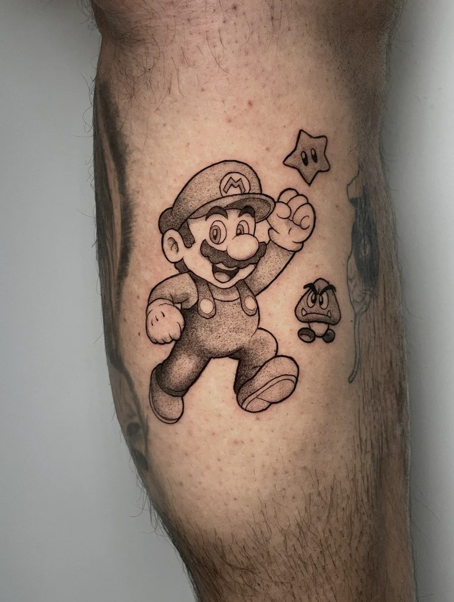 Mario Bros en estilo cartoon tatuado en la pierna